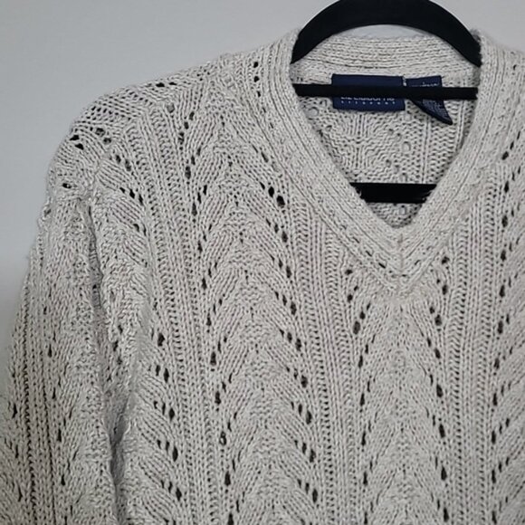 Vintage Liz Claiborne Chunky Knit Sweater Size L Ivory Cream Linen VNeck Coastal - Picture 2 of 13